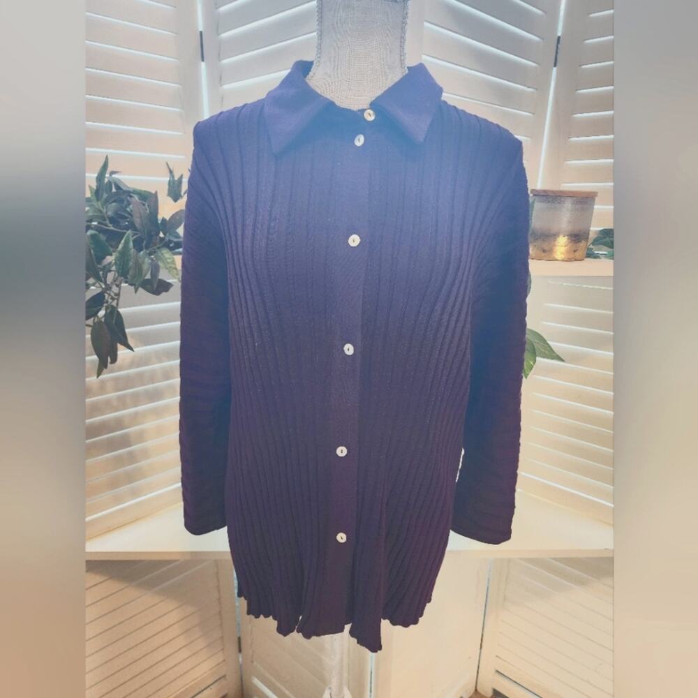 Misook Purple Ribbed Button Down Sweater Size Lar… - image 2
